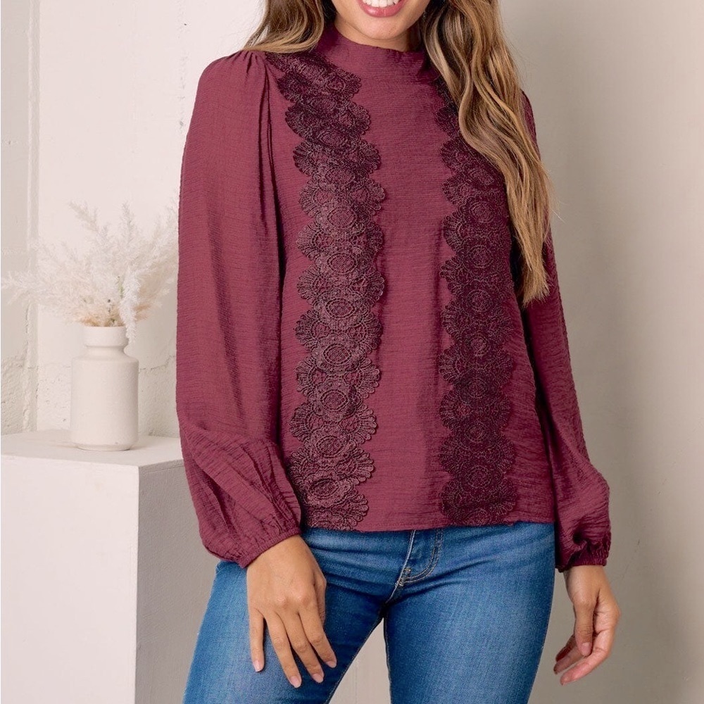 NWOT ON TWELTH Burgundy Blouse Lace Front High Neck Long Puff Sleeve Size Medium